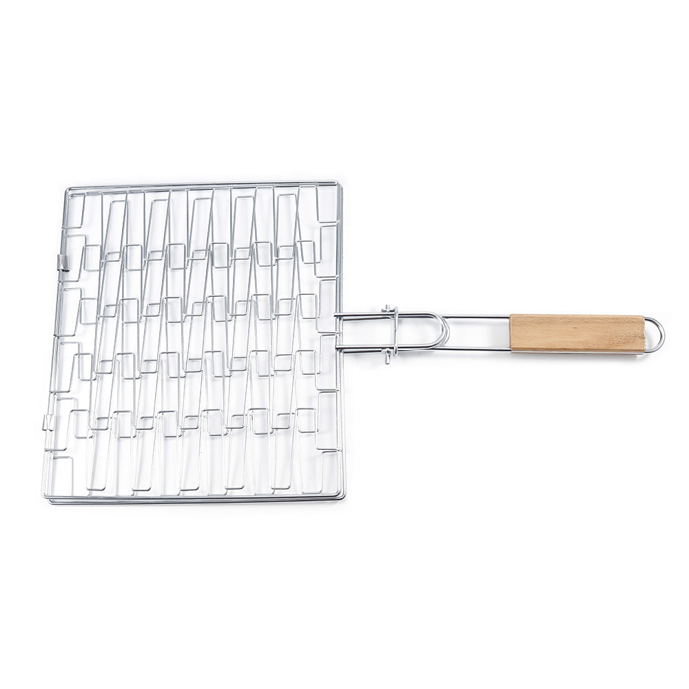 Folding BBQ Grilling Basket with Wooden Handle - Large &amp; Portable