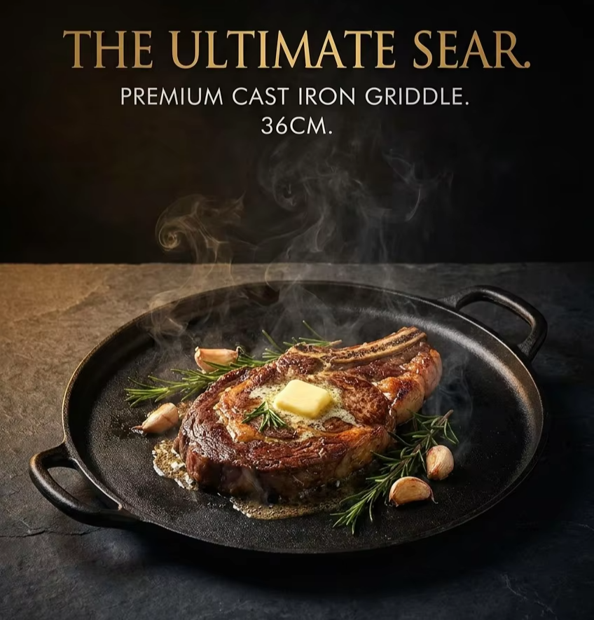 Culinary Mastery™ 36cm Premium Cast Iron Griddle - Heavy-Duty Double Handle Searing Pan & Pizza Plate for Stovetop, Oven, Grill and Campfire (2.9kg Heirloom Quality)