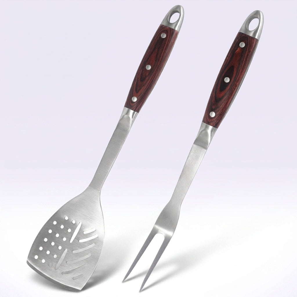 FeetonBBQ Artisan Series: Professional Rosewood Handle BBQ Tool Set - Heavy-Duty Stainless Steel Spatula and Carving Fork - Ergonomic Grilling Gear