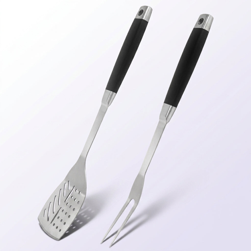 FeetonBBQ Core Series: 2pc Professional BBQ Tool Set - Stainless Steel Spatula & Carving Fork with Ergonomic Soft-Touch Handles
