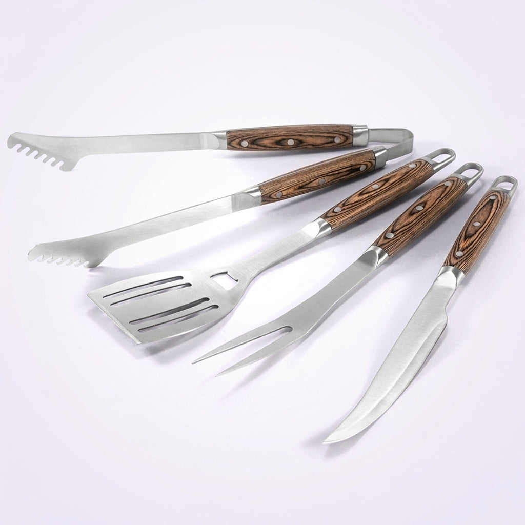 FeetonBBQ Ultimate Heavy-Duty BBQ Tool Set - Professional 4pc Stainless Steel Grilling Kit: XL Tongs, Serrated Spatula, Carving Fork & Knife - Master Pitmaster Collection