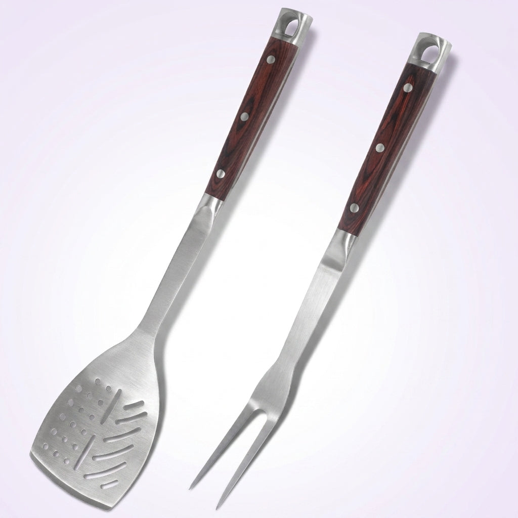 FeetonBBQ Artisan Series: Square-Handle Rosewood BBQ Tool Set - 2pc Professional Stainless Steel Spatula & Fork - Heavy-Duty Outdoor Cooking Gear
