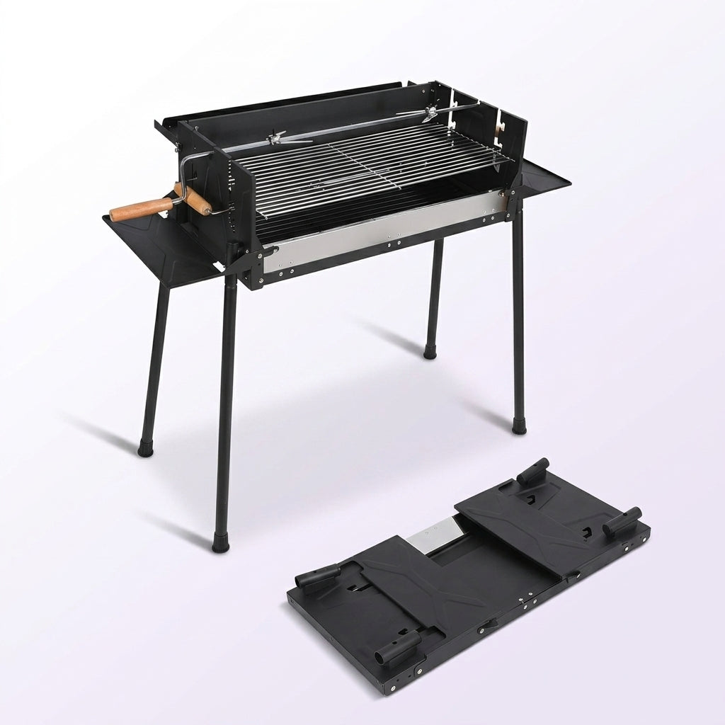 Portable Folding Charcoal BBQ Grill with Rotisserie - Heavy Duty Outdoor Spit Roaster for Camping, Picnic and Backyard - Compact Design