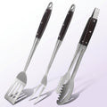 FeetonBBQ Artisan Series: 3pc Rosewood BBQ Tool Set - Professional Stainless Steel Spatula, Fork, and Tongs - Deluxe Grilling Gift Set