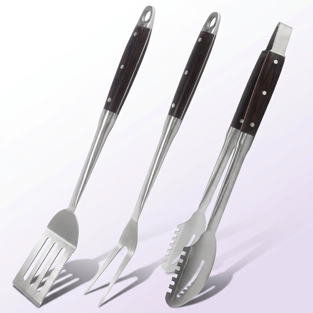 FeetonBBQ Artisan Series: 3pc Rosewood BBQ Tool Set - Professional Stainless Steel Spatula, Fork, and Tongs - Deluxe Grilling Gift Set