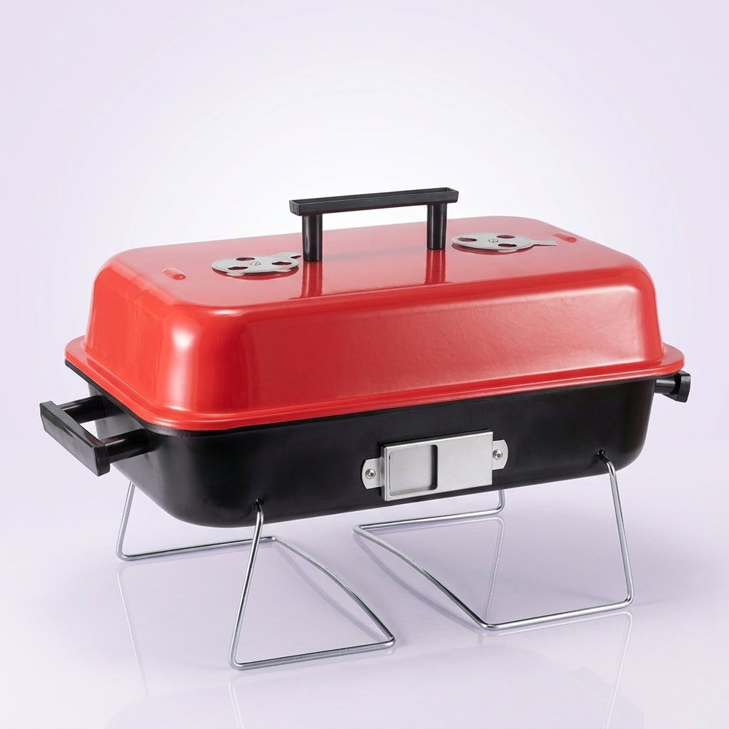 FeetonBBQ Portable Charcoal Grill - Red Enamel Tabletop BBQ Grill - Compact Outdoor Cooking for Camping, Picnic & Tailgating