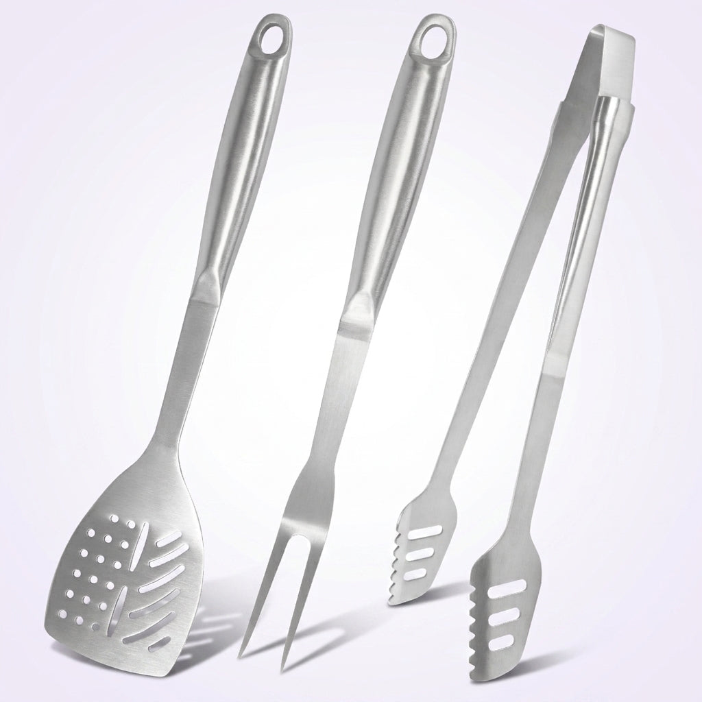FeetonBBQ Heavy-Duty Stainless Steel BBQ Tool Set - 3pc Professional Grill Accessories: Extra Long Spatula, Tongs, and Fork - Industrial Grade Grilling Gear
