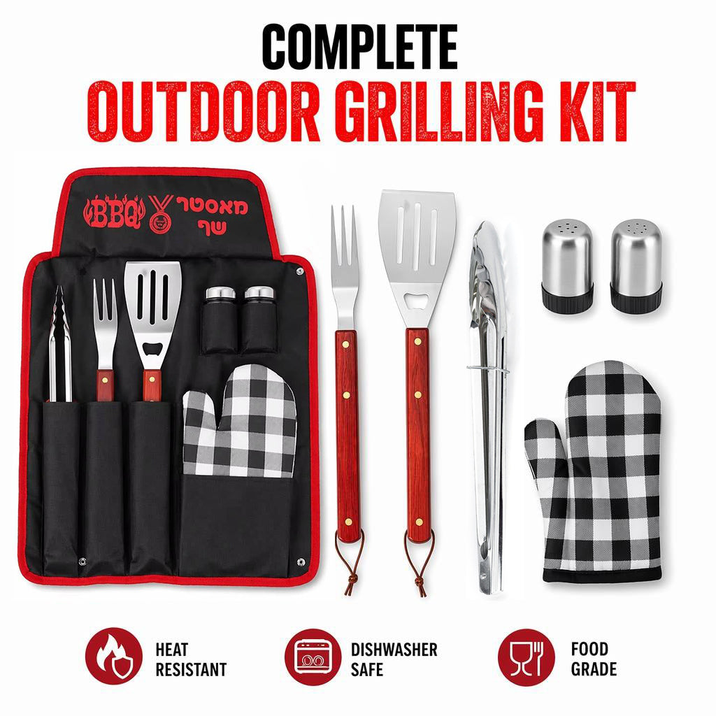 BBQ Grill Apron & 6-Piece Tool Set — Tongs, Spatula with Bottle Opener, Fork, Mitt & Seasoning Shakers