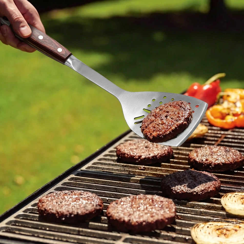 FeetonBBQ Artisan Series: Professional Rosewood Handle BBQ Tool Set - Heavy-Duty Stainless Steel Spatula and Carving Fork - Ergonomic Grilling Gear