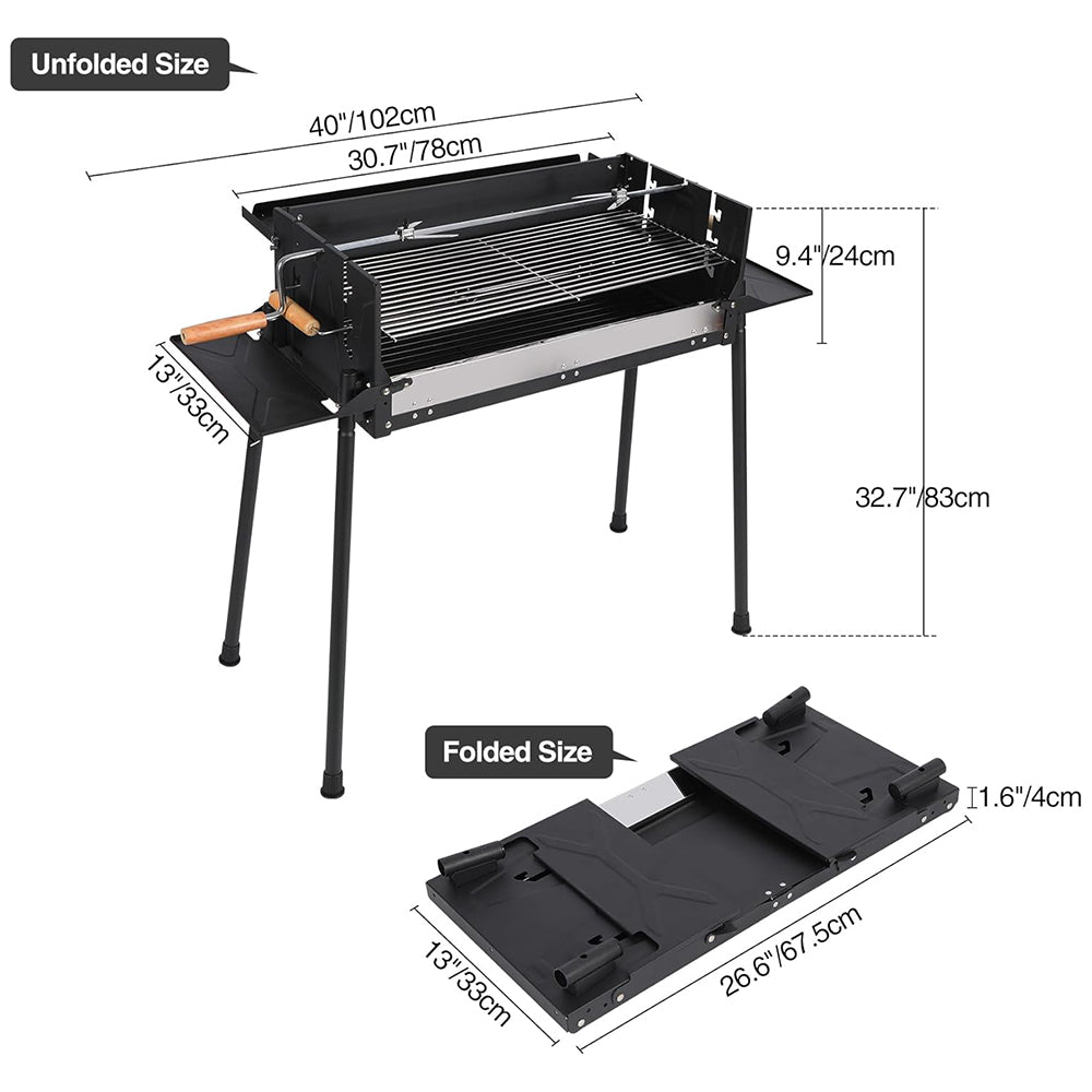 Portable Folding Charcoal BBQ Grill with Rotisserie - Heavy Duty Outdoor Spit Roaster for Camping, Picnic and Backyard - Compact Design