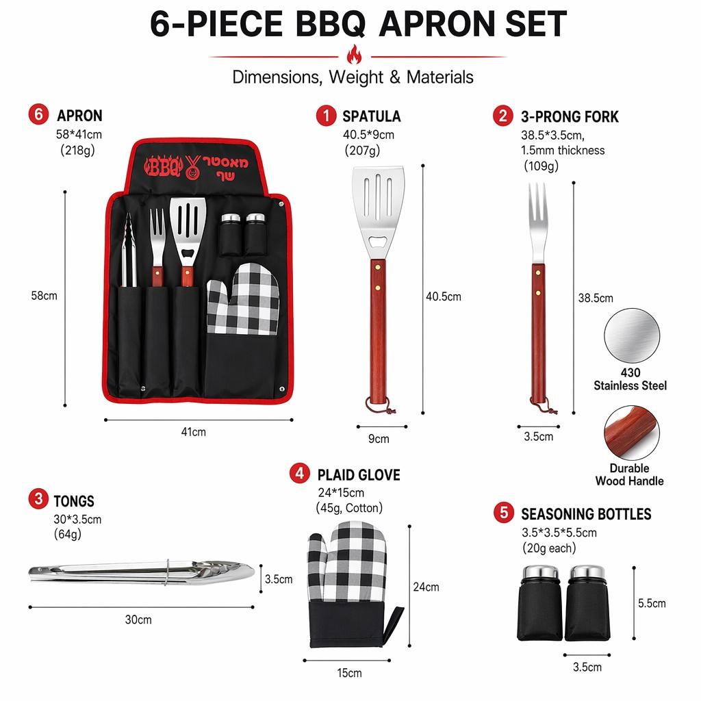 BBQ Grill Apron & 6-Piece Tool Set — Tongs, Spatula with Bottle Opener, Fork, Mitt & Seasoning Shakers