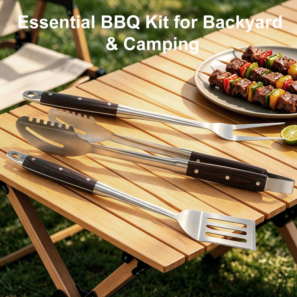 FeetonBBQ Artisan Series: 3pc Rosewood BBQ Tool Set - Professional Stainless Steel Spatula, Fork, and Tongs - Deluxe Grilling Gift Set