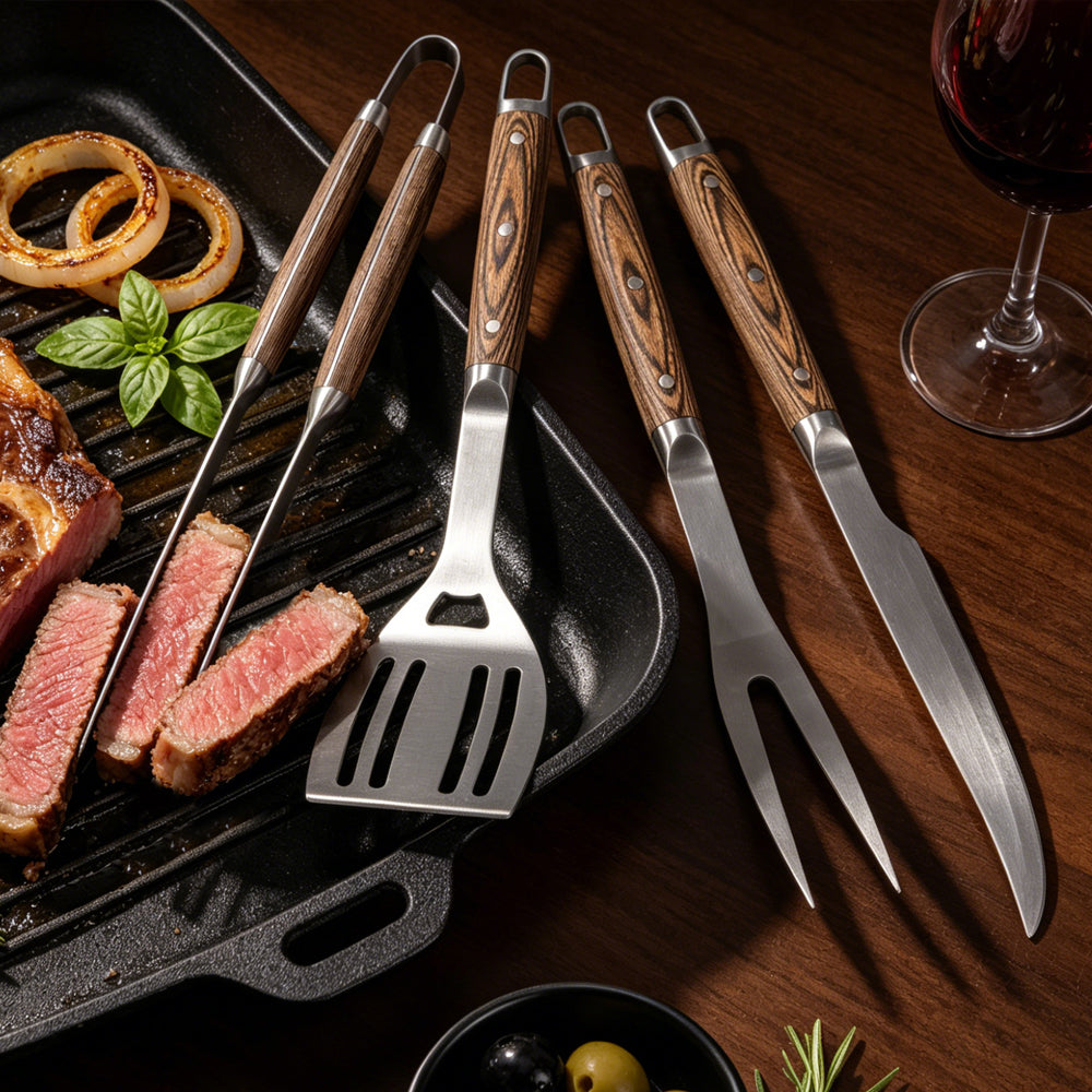FeetonBBQ Ultimate Heavy-Duty BBQ Tool Set - Professional 4pc Stainless Steel Grilling Kit: XL Tongs, Serrated Spatula, Carving Fork & Knife - Master Pitmaster Collection