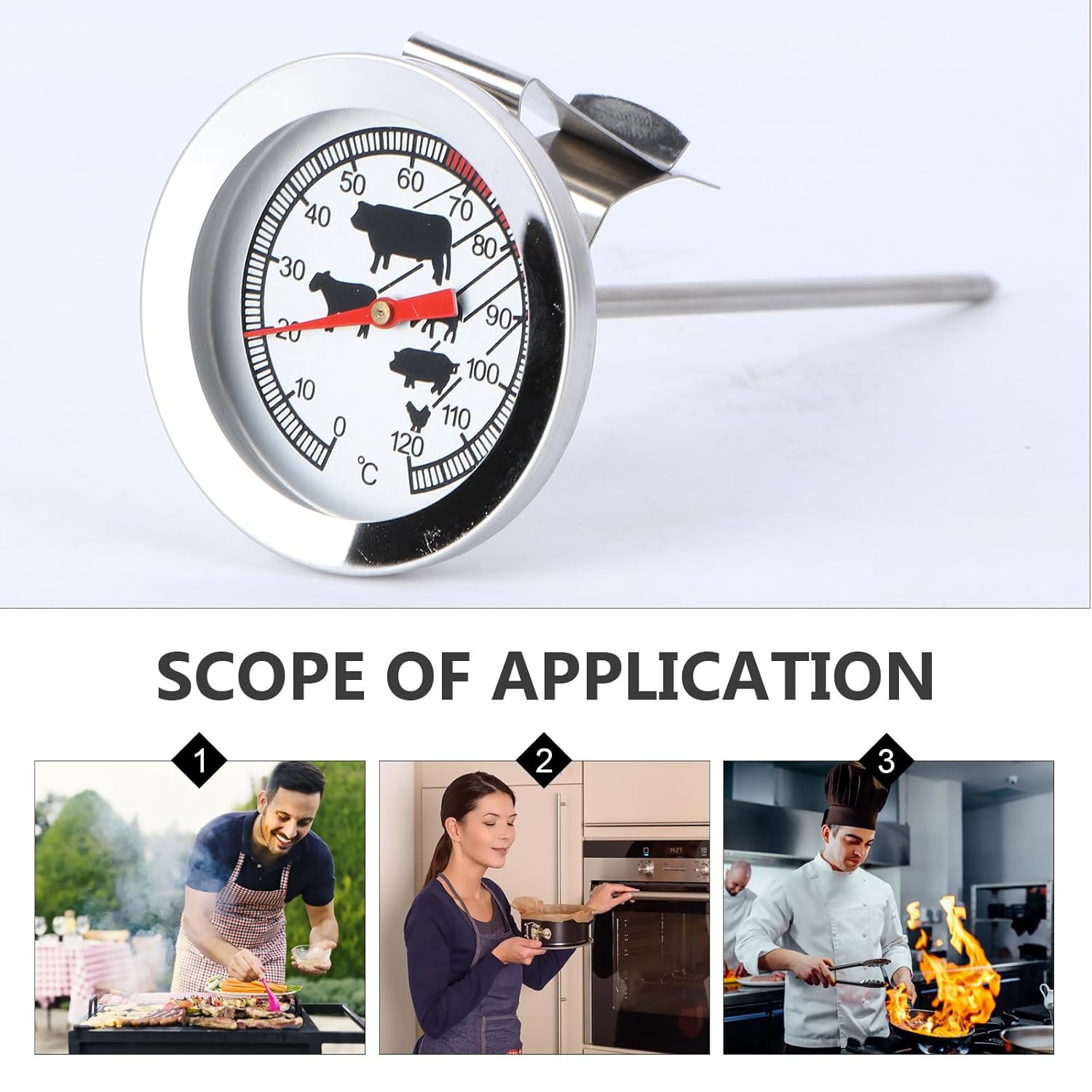 Professional Stainless Steel BBQ Thermometer - 12.5cm Long Probe Analog Meat Gauge with Easy-Read Meat Icons for Smokers and Grills