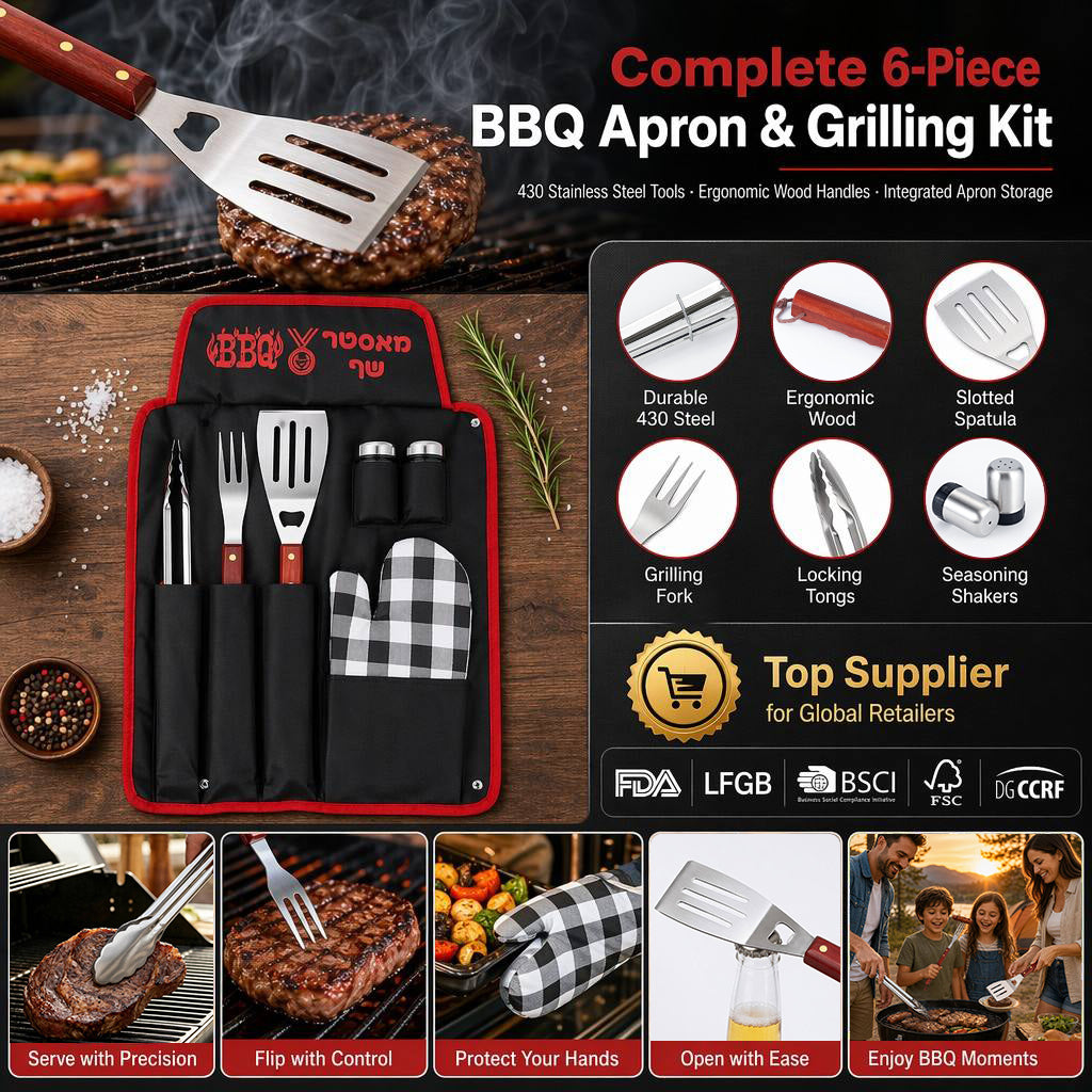 BBQ Grill Apron & 6-Piece Tool Set — Tongs, Spatula with Bottle Opener, Fork, Mitt & Seasoning Shakers