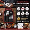 BBQ Grill Apron & 6-Piece Tool Set — Tongs, Spatula with Bottle Opener, Fork, Mitt & Seasoning Shakers