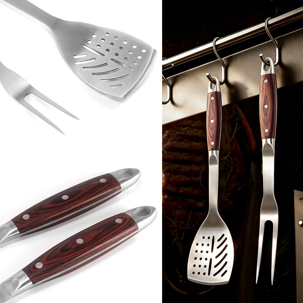 FeetonBBQ Artisan Series: Professional Rosewood Handle BBQ Tool Set - Heavy-Duty Stainless Steel Spatula and Carving Fork - Ergonomic Grilling Gear