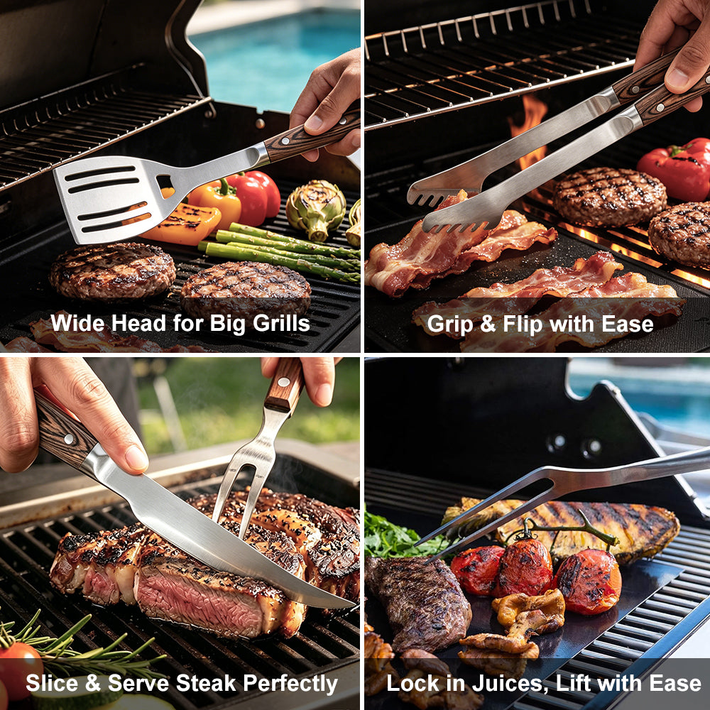 FeetonBBQ Ultimate Heavy-Duty BBQ Tool Set - Professional 4pc Stainless Steel Grilling Kit: XL Tongs, Serrated Spatula, Carving Fork & Knife - Master Pitmaster Collection
