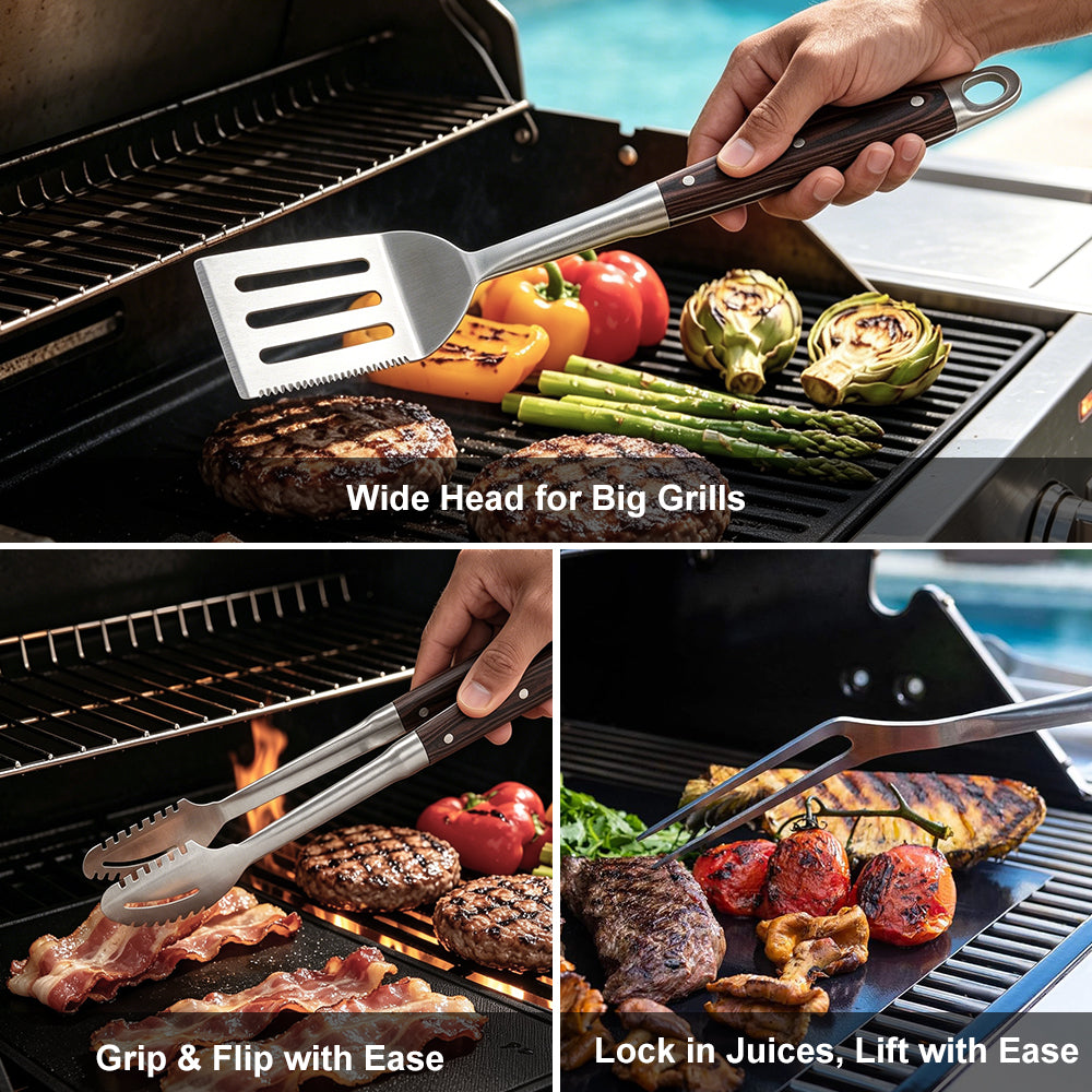 FeetonBBQ Artisan Series: 3pc Rosewood BBQ Tool Set - Professional Stainless Steel Spatula, Fork, and Tongs - Deluxe Grilling Gift Set