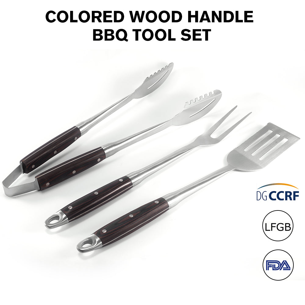 FeetonBBQ Artisan Series: 3pc Rosewood BBQ Tool Set - Professional Stainless Steel Spatula, Fork, and Tongs - Deluxe Grilling Gift Set