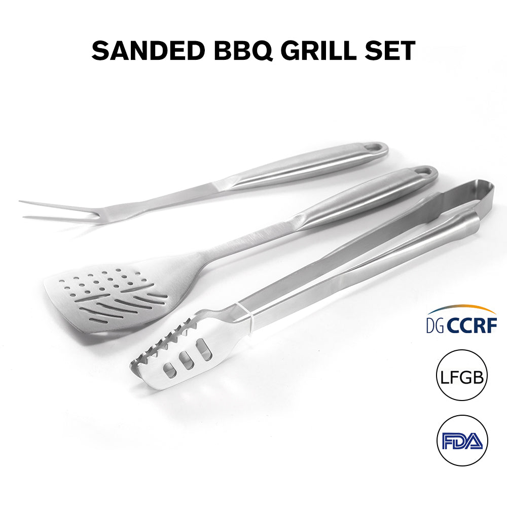 FeetonBBQ Heavy-Duty Stainless Steel BBQ Tool Set - 3pc Professional Grill Accessories: Extra Long Spatula, Tongs, and Fork - Industrial Grade Grilling Gear
