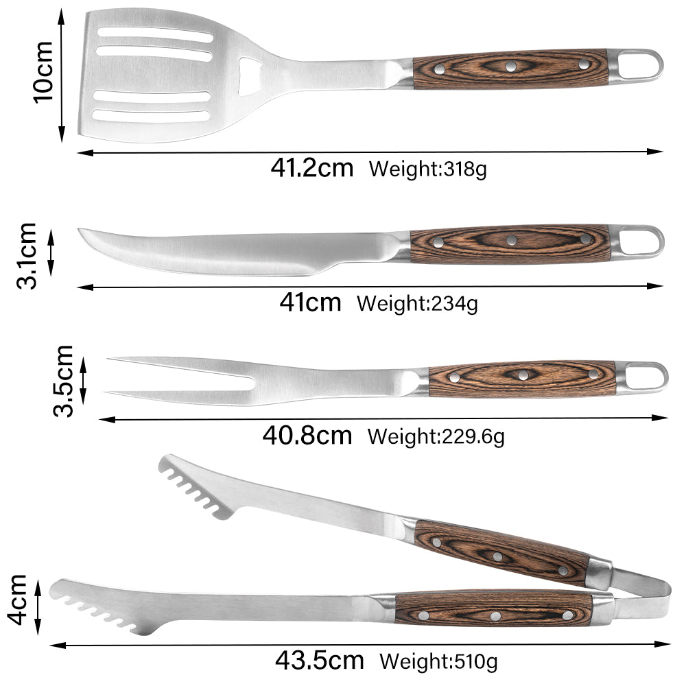 FeetonBBQ Ultimate Heavy-Duty BBQ Tool Set - Professional 4pc Stainless Steel Grilling Kit: XL Tongs, Serrated Spatula, Carving Fork & Knife - Master Pitmaster Collection