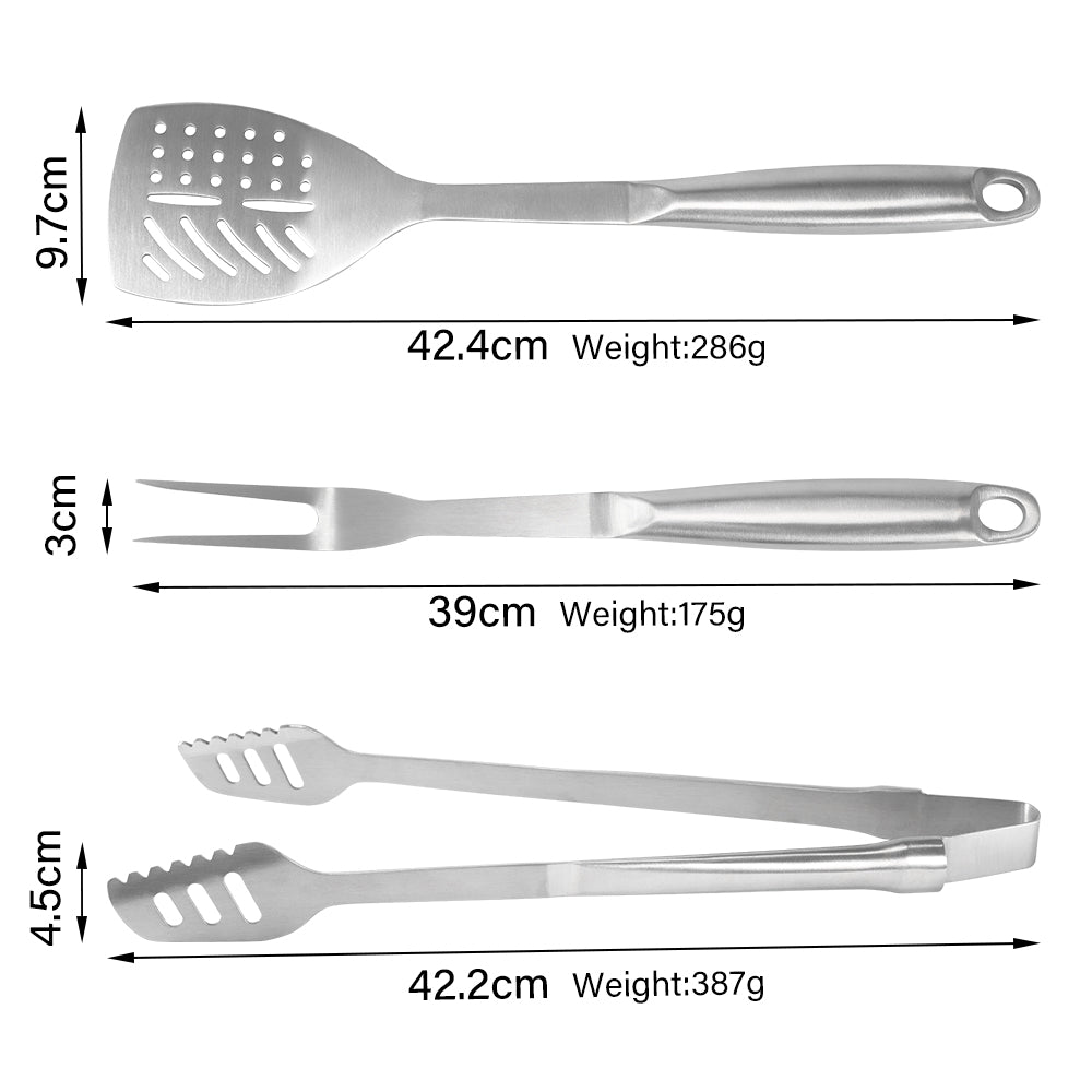 FeetonBBQ Heavy-Duty Stainless Steel BBQ Tool Set - 3pc Professional Grill Accessories: Extra Long Spatula, Tongs, and Fork - Industrial Grade Grilling Gear