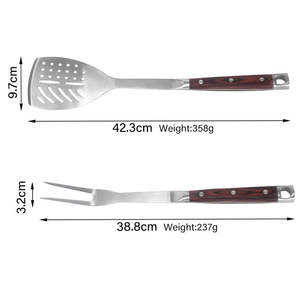 FeetonBBQ Artisan Series: Square-Handle Rosewood BBQ Tool Set - 2pc Professional Stainless Steel Spatula & Fork - Heavy-Duty Outdoor Cooking Gear