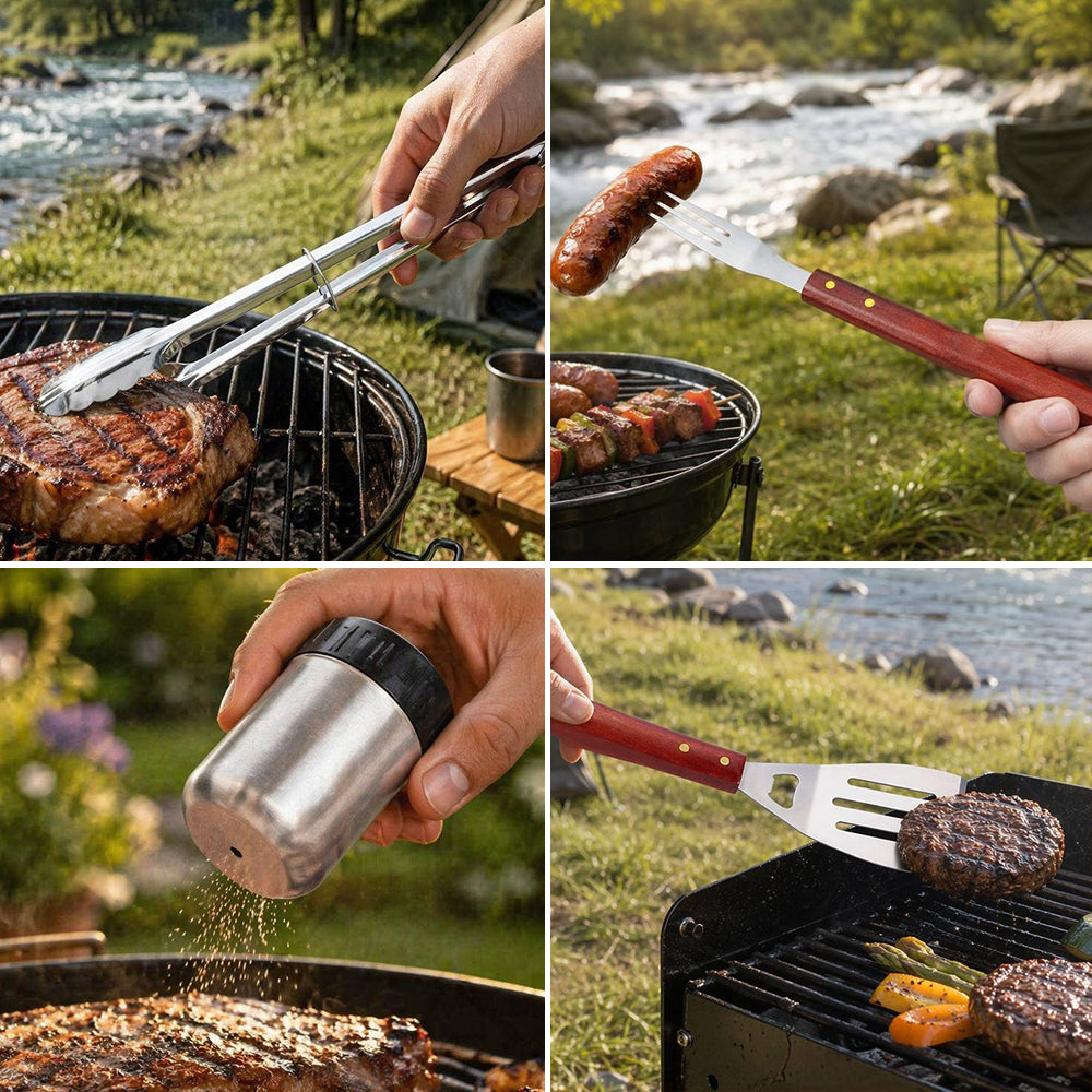 BBQ Grill Apron & 6-Piece Tool Set — Tongs, Spatula with Bottle Opener, Fork, Mitt & Seasoning Shakers
