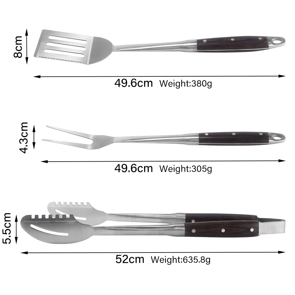 FeetonBBQ Artisan Series: 3pc Rosewood BBQ Tool Set - Professional Stainless Steel Spatula, Fork, and Tongs - Deluxe Grilling Gift Set