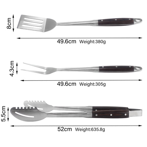 FeetonBBQ Artisan Series: 3pc Rosewood BBQ Tool Set - Professional Stainless Steel Spatula, Fork, and Tongs - Deluxe Grilling Gift Set