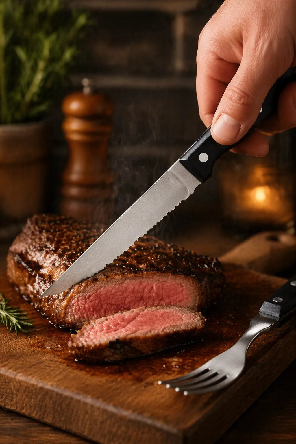 Stainless steel steak knife cutting into steak