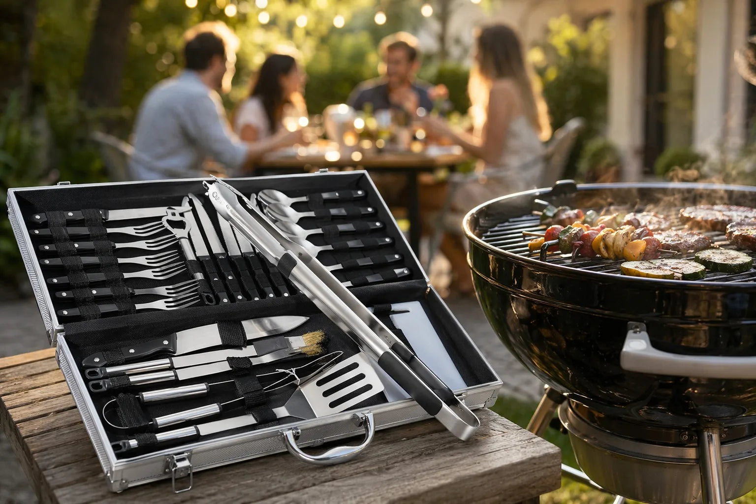 BBQ tool set at backyard party