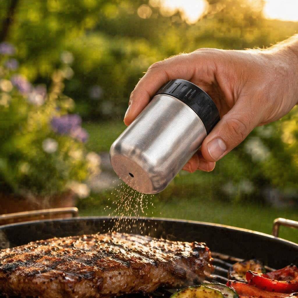 BBQ Grill Apron & 6-Piece Tool Set — Tongs, Spatula with Bottle Opener, Fork, Mitt & Seasoning Shakers