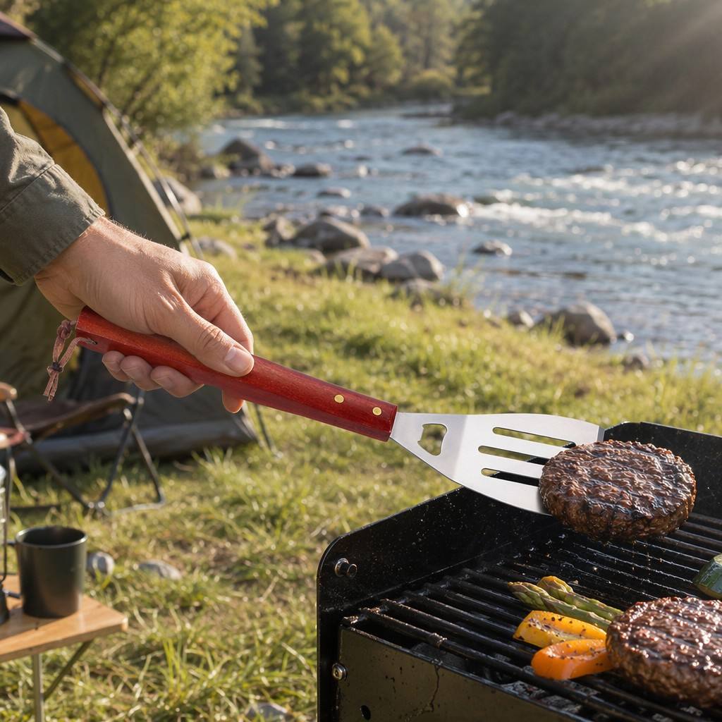 BBQ Grill Apron & 6-Piece Tool Set — Tongs, Spatula with Bottle Opener, Fork, Mitt & Seasoning Shakers