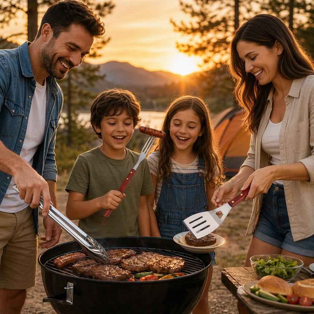 BBQ Grill Apron & 6-Piece Tool Set — Tongs, Spatula with Bottle Opener, Fork, Mitt & Seasoning Shakers