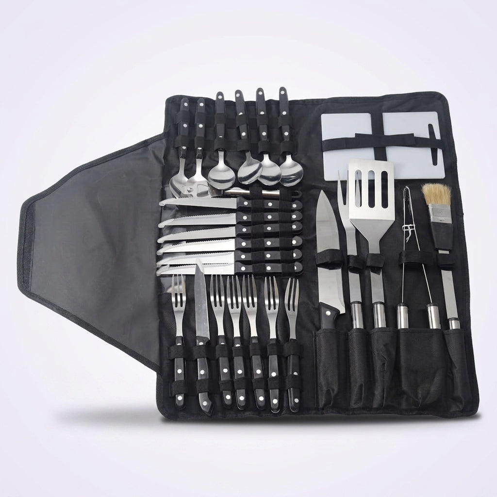 Wholesale 24pcs Stainless Steel BBQ Tool Set with Portable Carry Bag - Factory Direct - MOQ 1000 Sets