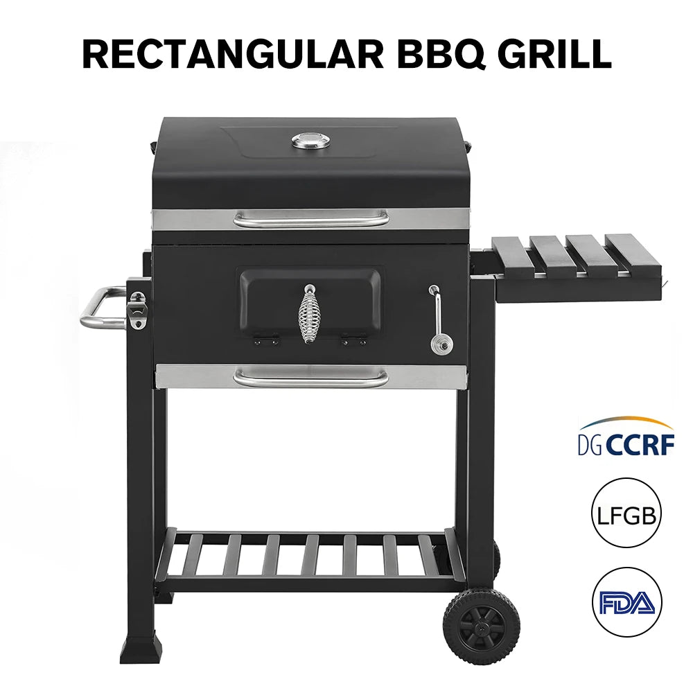 Professional XL Rectangular Charcoal Grill - Heavy Duty Backyard BBQ Smoker with Side Shelf | FeetonBBQ