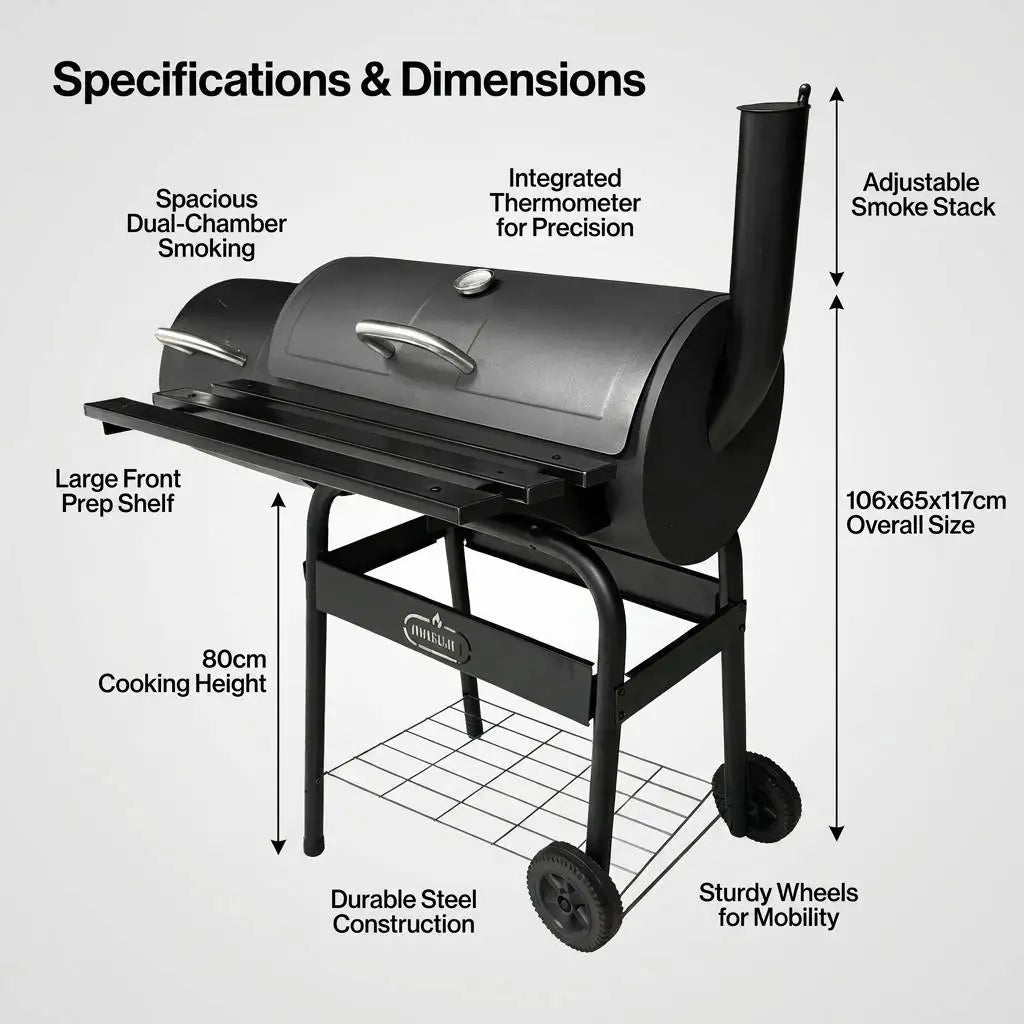 Heavy-Duty Double Barrel Offset Smoker Grill - Professional Backyard Charcoal BBQ with Front Shelf | FeetonBBQ