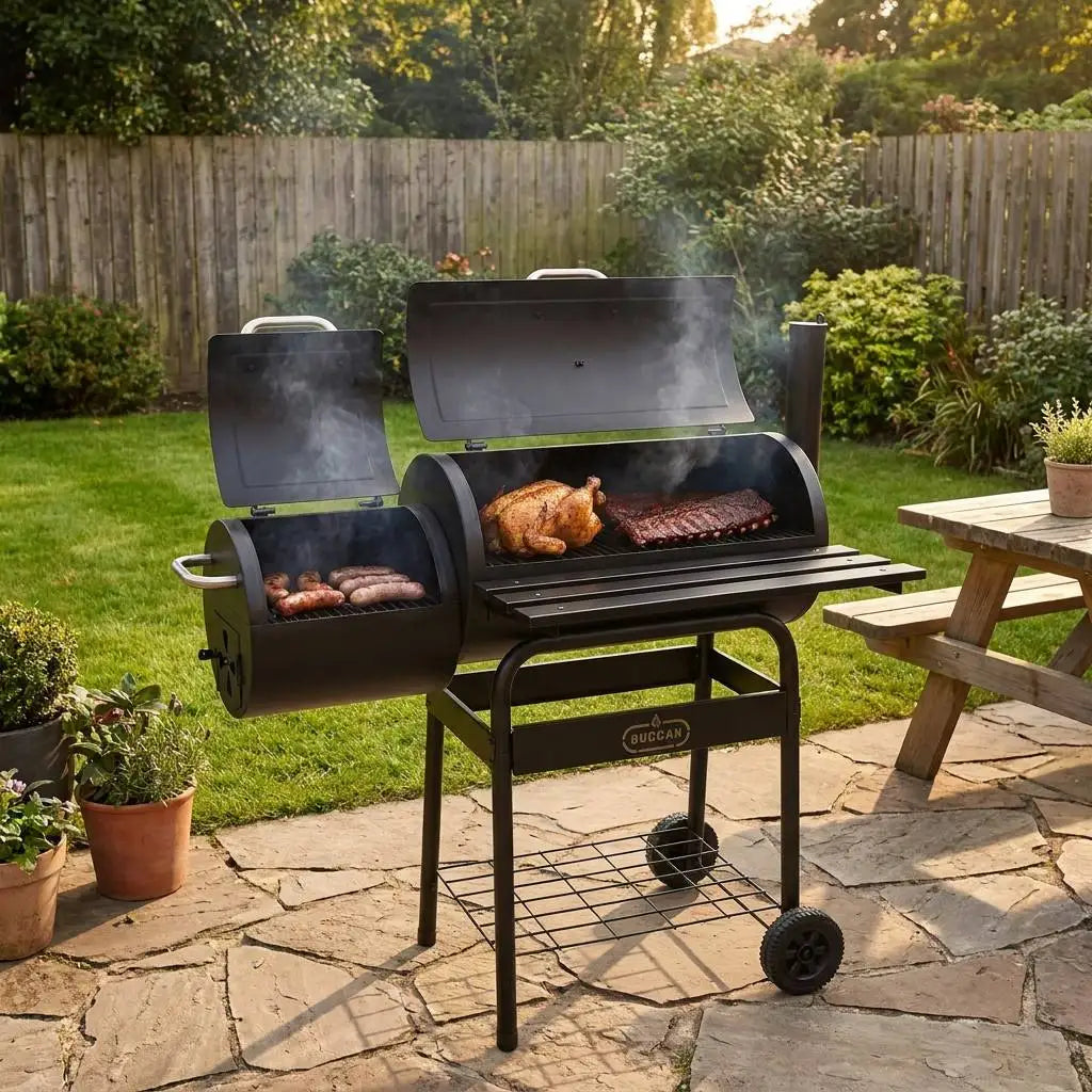 Heavy-Duty Double Barrel Offset Smoker Grill - Professional Backyard Charcoal BBQ with Front Shelf | FeetonBBQ