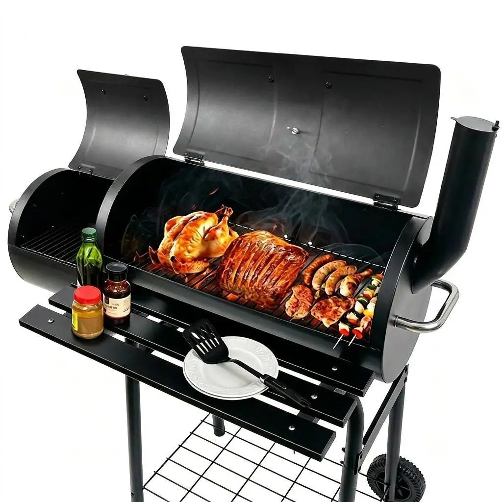 Heavy-Duty Double Barrel Offset Smoker Grill - Professional Backyard Charcoal BBQ with Front Shelf | FeetonBBQ