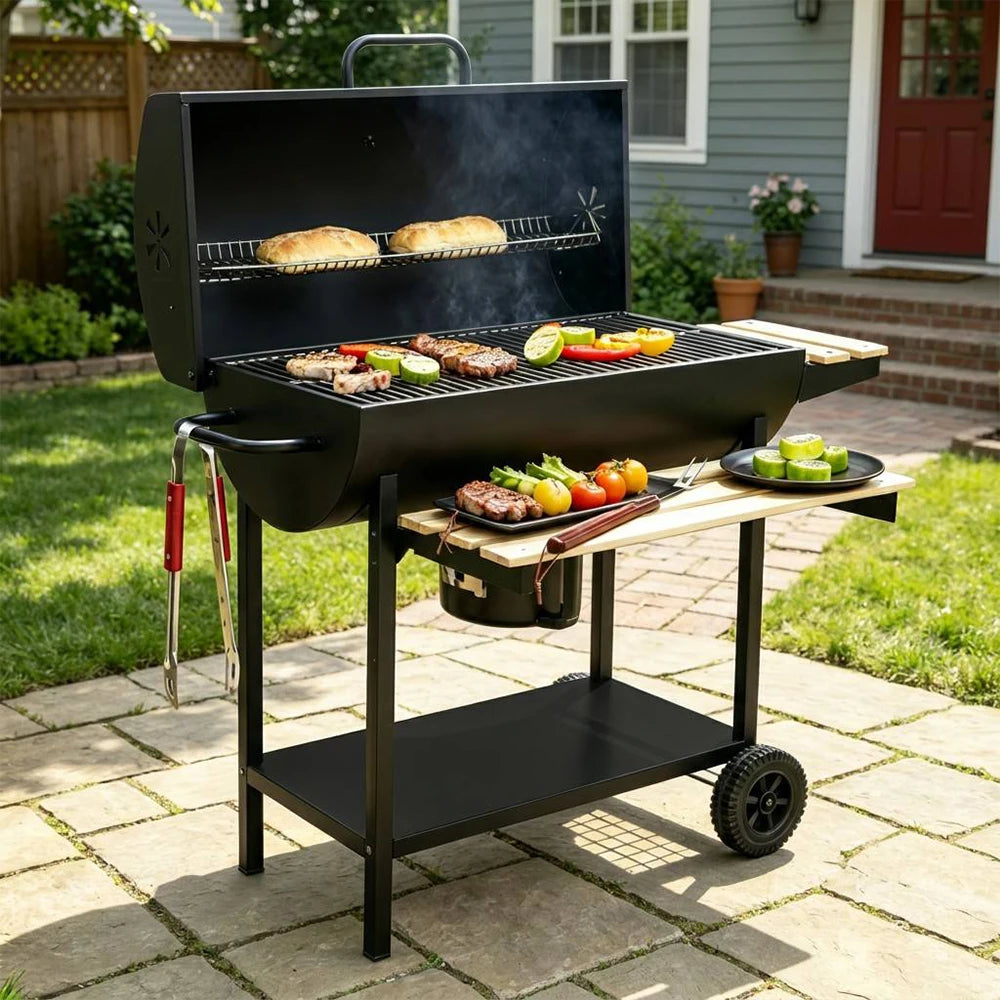 Large Barrel Charcoal BBQ Grill - 28 Inch Cooking Area with Wooden Side Shelves | FeetonBBQ
