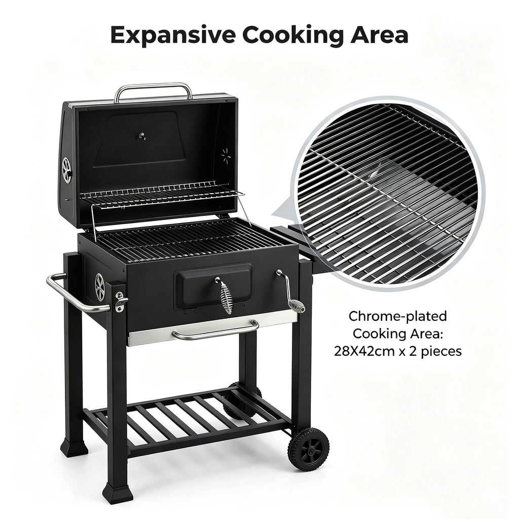Professional XL Rectangular Charcoal Grill - Heavy Duty Backyard BBQ Smoker with Side Shelf | FeetonBBQ