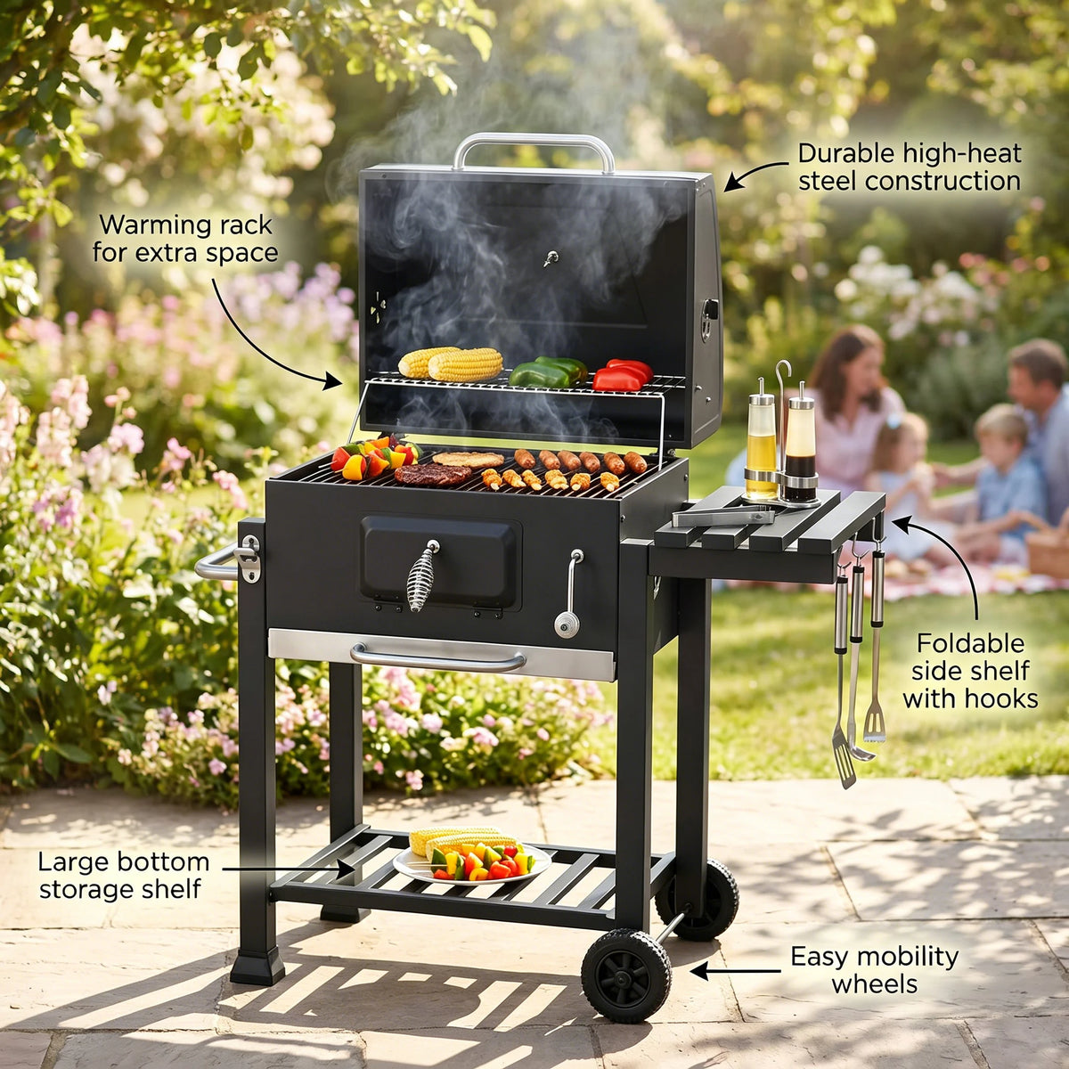 Professional XL Rectangular Charcoal Grill - Heavy Duty Backyard BBQ Smoker with Side Shelf | FeetonBBQ