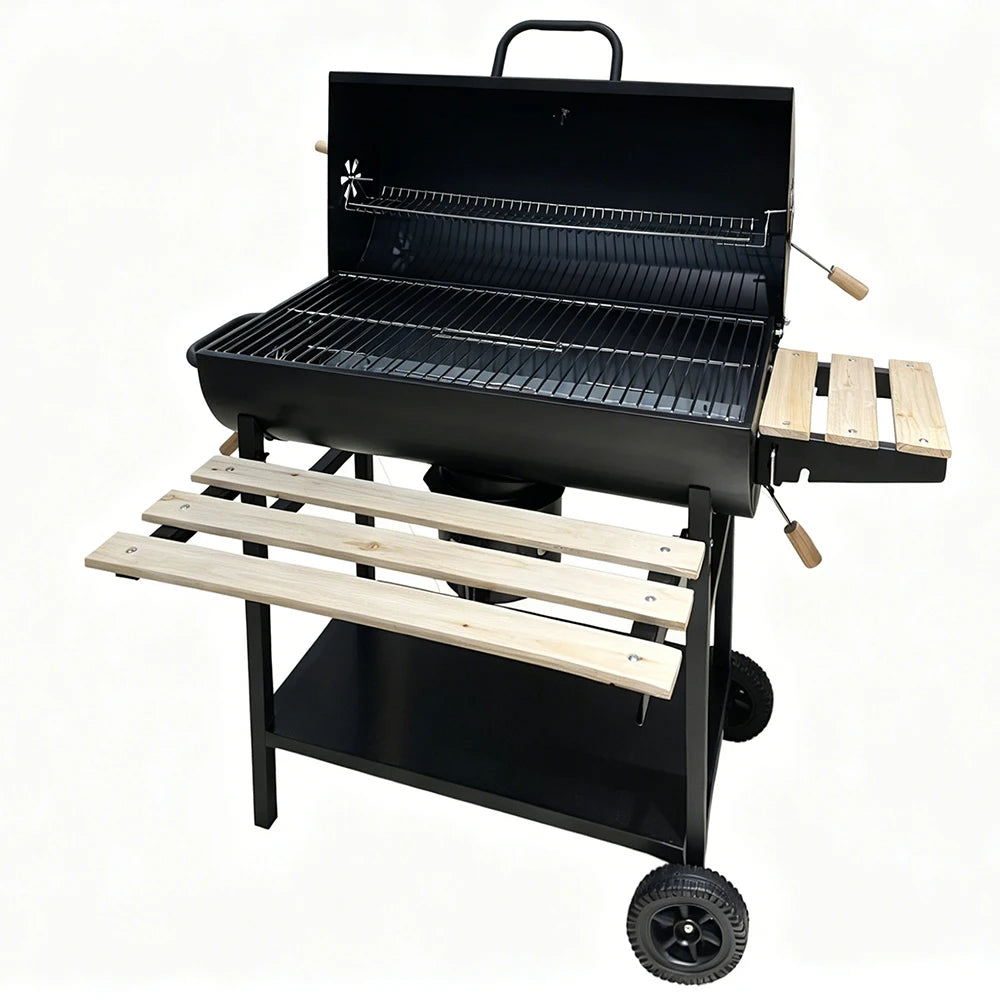 Large Barrel Charcoal BBQ Grill - 28 Inch Cooking Area with Wooden Side Shelves | FeetonBBQ