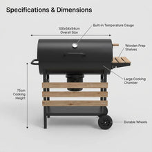 Large Barrel Charcoal BBQ Grill - 28 Inch Cooking Area with Wooden Side Shelves | FeetonBBQ