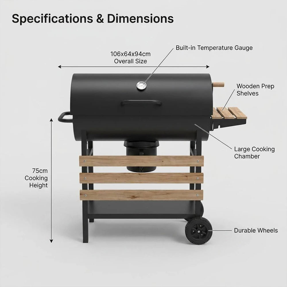 Large Barrel Charcoal BBQ Grill - 28 Inch Cooking Area with Wooden Side Shelves | FeetonBBQ