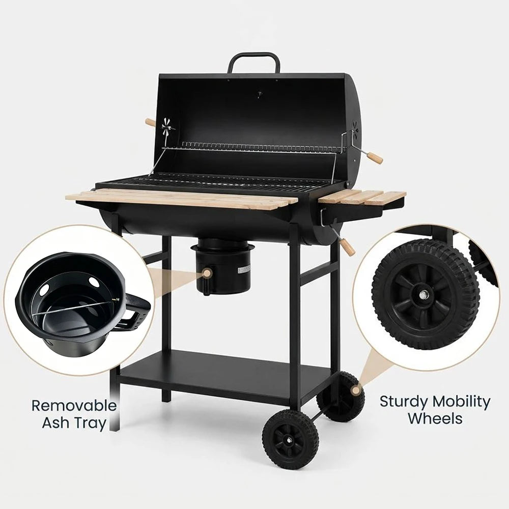 Large Barrel Charcoal BBQ Grill - 28 Inch Cooking Area with Wooden Side Shelves | FeetonBBQ