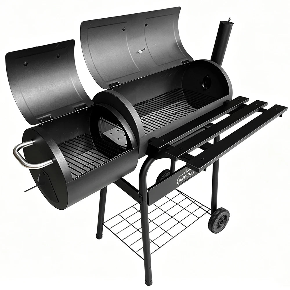 Heavy-Duty Double Barrel Offset Smoker Grill - Professional Backyard Charcoal BBQ with Front Shelf | FeetonBBQ