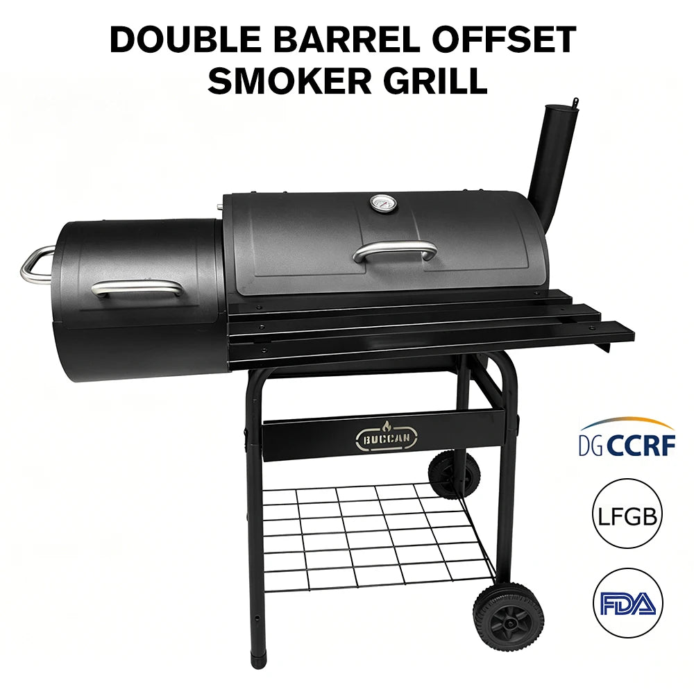 Heavy-Duty Double Barrel Offset Smoker Grill - Professional Backyard Charcoal BBQ with Front Shelf | FeetonBBQ